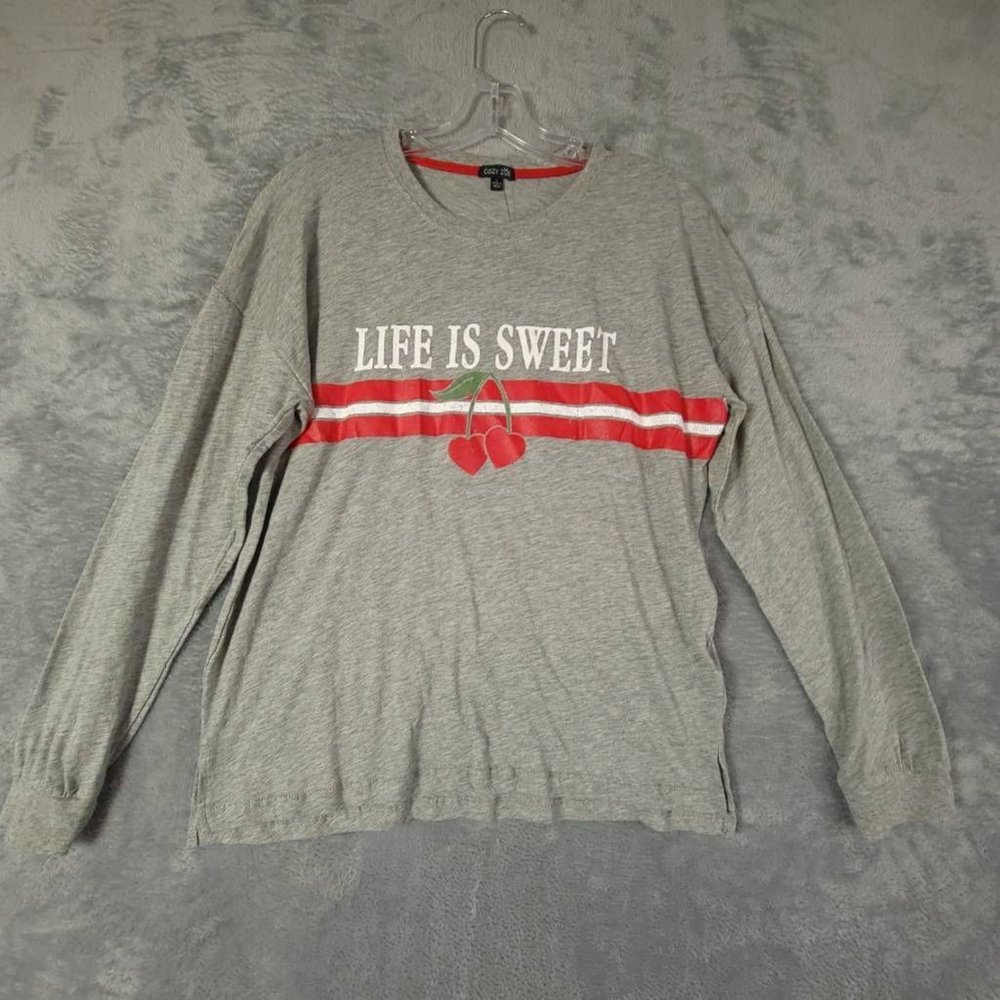 Cozy Zoe Womens Sleepshirt T Shirt Gray Life Is Sweet Cherries Long Sleeve L New